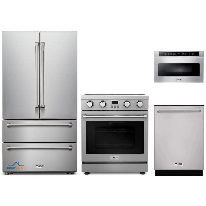 Thor Kitchen 4-Piece Appliance Package - 30-Inch Electric Range, Refrigerator, Dishwasher, and Microwave in Stainless Steel