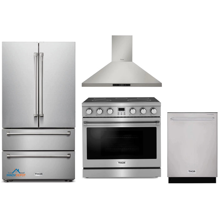 Thor Kitchen 4-Piece Appliance Package - 36-Inch Electric Range, Wall Mount Range Hood, Refrigerator, and Dishwasher in Stainless Steel