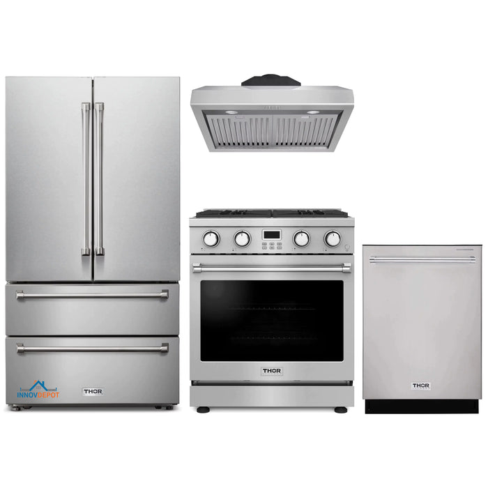 Thor Kitchen 4-Piece Appliance Package - 30-Inch Gas Range, Under Cabinet Range Hood, Refrigerator, and Dishwasher in Stainless Steel