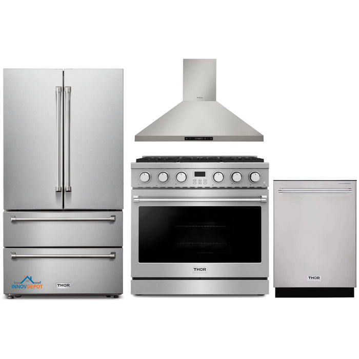 Thor Kitchen 4-Piece Appliance Package - 36-Inch Gas Range, Wall Mount Range Hood, Refrigerator, and Dishwasher in Stainless Steel