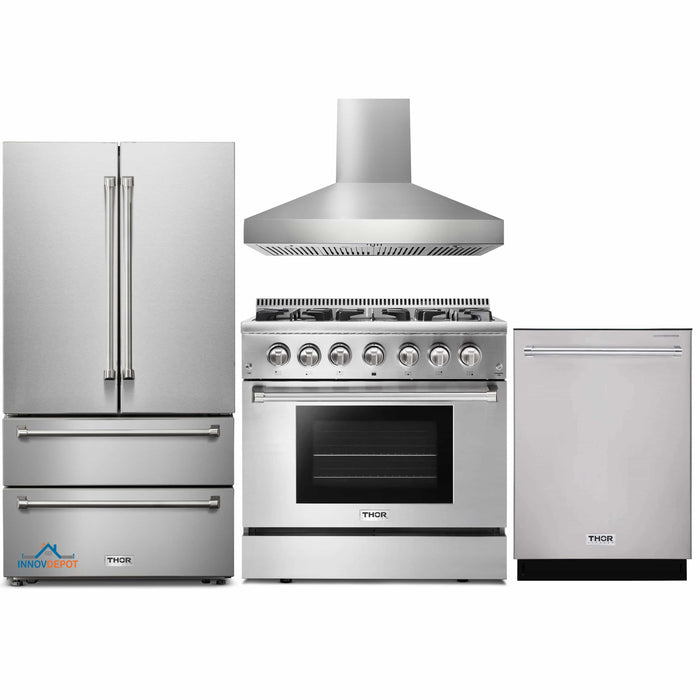 Thor Kitchen 4-Piece Pro Appliance Package - 36-Inch Dual Fuel Range, French Door Refrigerator, Pro-Style Wall Mount Hood and Dishwasher in Stainless Steel