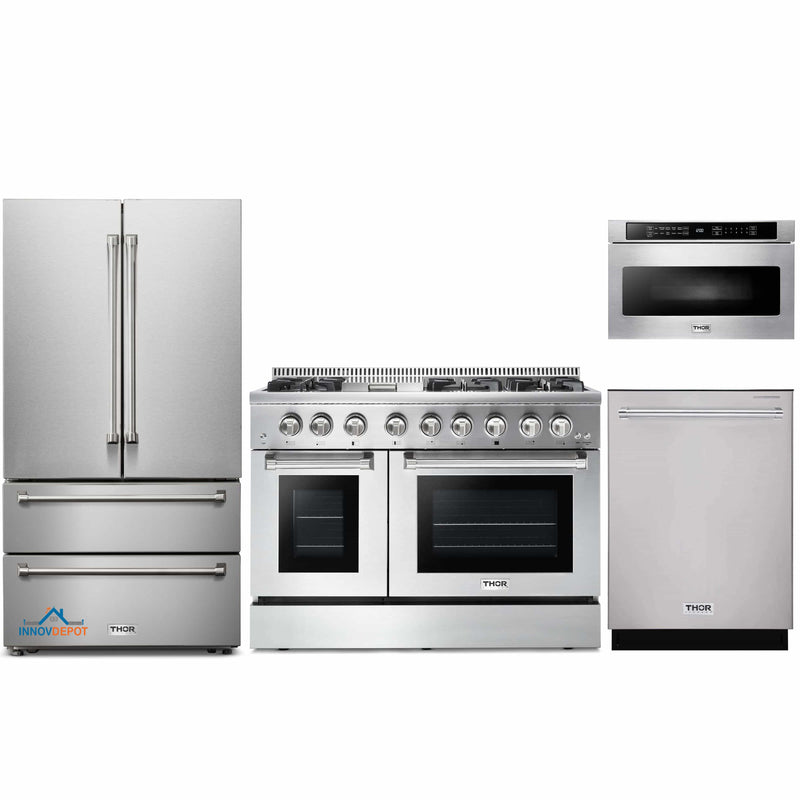 Thor Kitchen 4-Piece Pro Appliance Package - 48-Inch Dual Fuel Range, French Door Refrigerator, Dishwasher, and Microwave Drawer in Stainless Steel