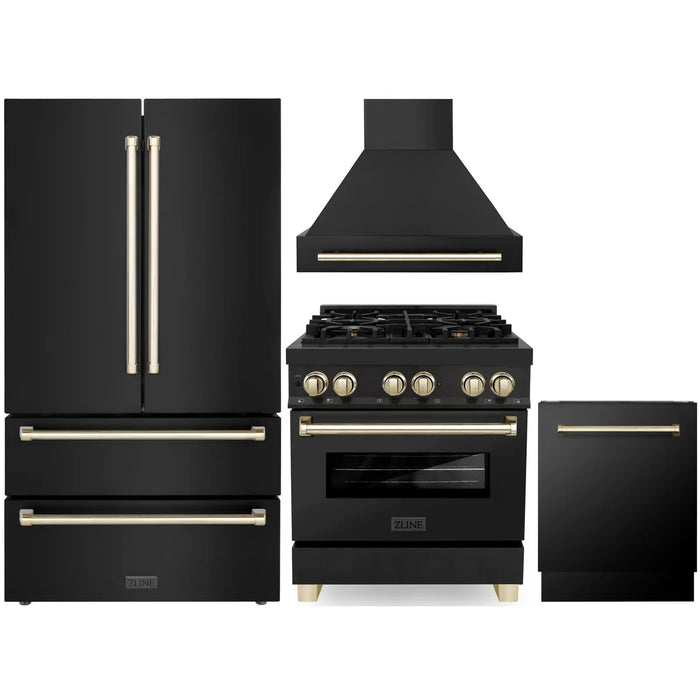 ZLINE 30" Autograph Edition Kitchen Package with Black Stainless Steel Dual Fuel Range, Range Hood, Dishwasher and Refrigeration with Polished Gold Accents