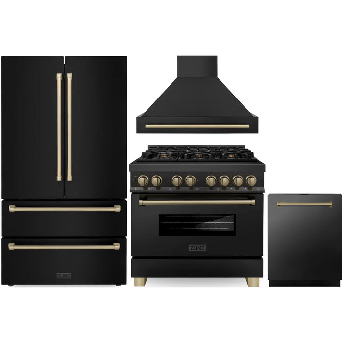 ZLINE 36" Autograph Edition Kitchen Package with Black Stainless Steel Dual Fuel Range, Range Hood, Dishwasher and Refrigeration with Champagne Bronze Accents