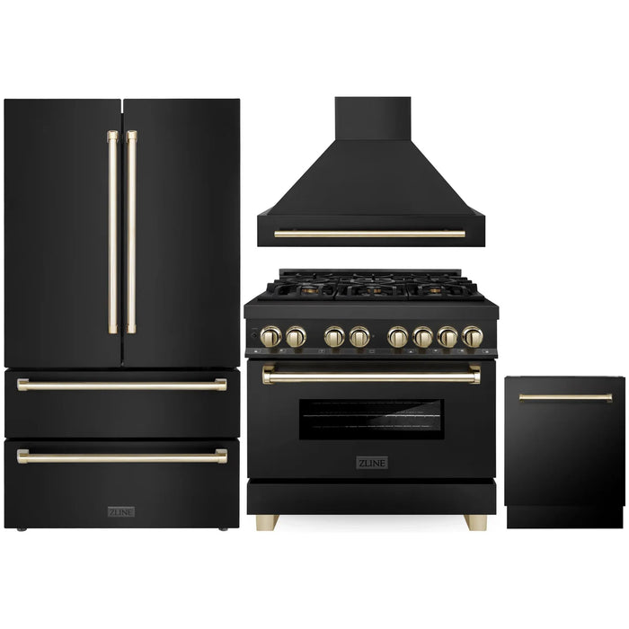ZLINE 36" Autograph Edition Kitchen Package with Black Stainless Steel Dual Fuel Range, Range Hood, Dishwasher and Refrigeration with Polished Gold Accents
