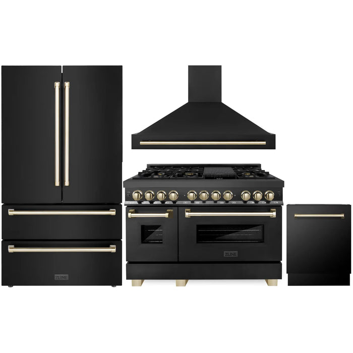 ZLINE 48" Autograph Edition Kitchen Package with Black Stainless Steel Dual Fuel Range, Range Hood, Dishwasher and Refrigeration with Polished Gold Accents
