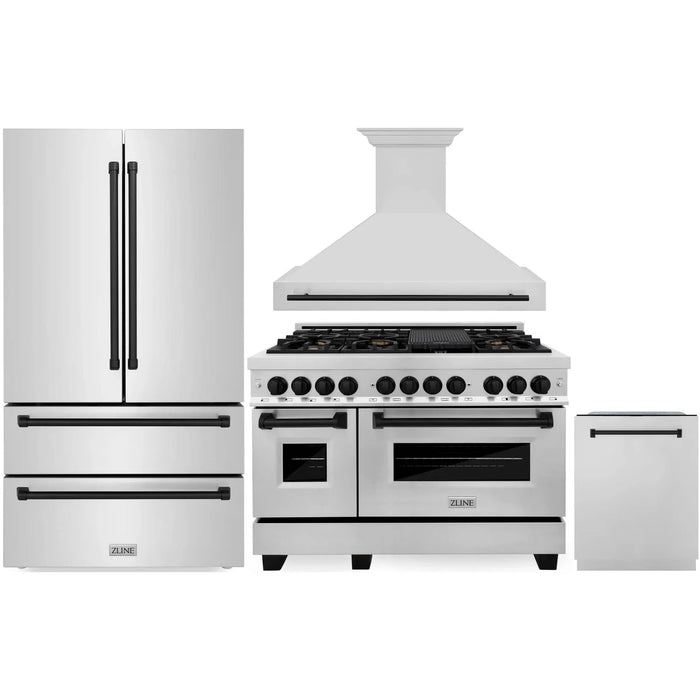 ZLINE 48" Autograph Edition Kitchen Package with Stainless Steel Dual Fuel Range, Range Hood, Dishwasher and Refrigeration with Matte Black Accents