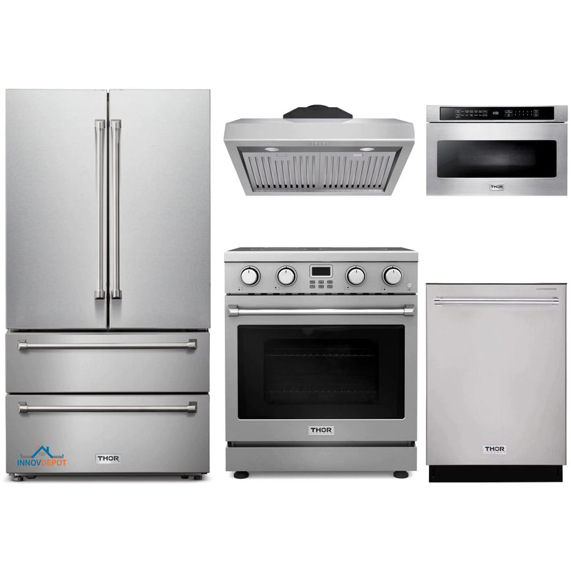 Thor Kitchen 5-Piece Appliance Package - 30-Inch Electric Range, Under Cabinet Range Hood, Refrigerator, Dishwasher, and Microwave in Stainless Steel