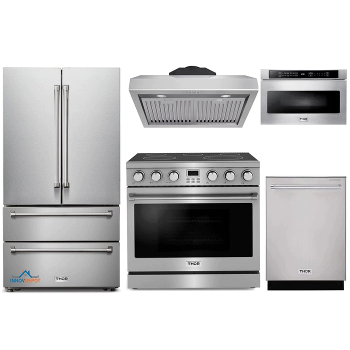 Thor Kitchen 5-Piece Appliance Package - 36-Inch Electric Range, Under Cabinet Range Hood, Refrigerator, Dishwasher, and Microwave in Stainless Steel