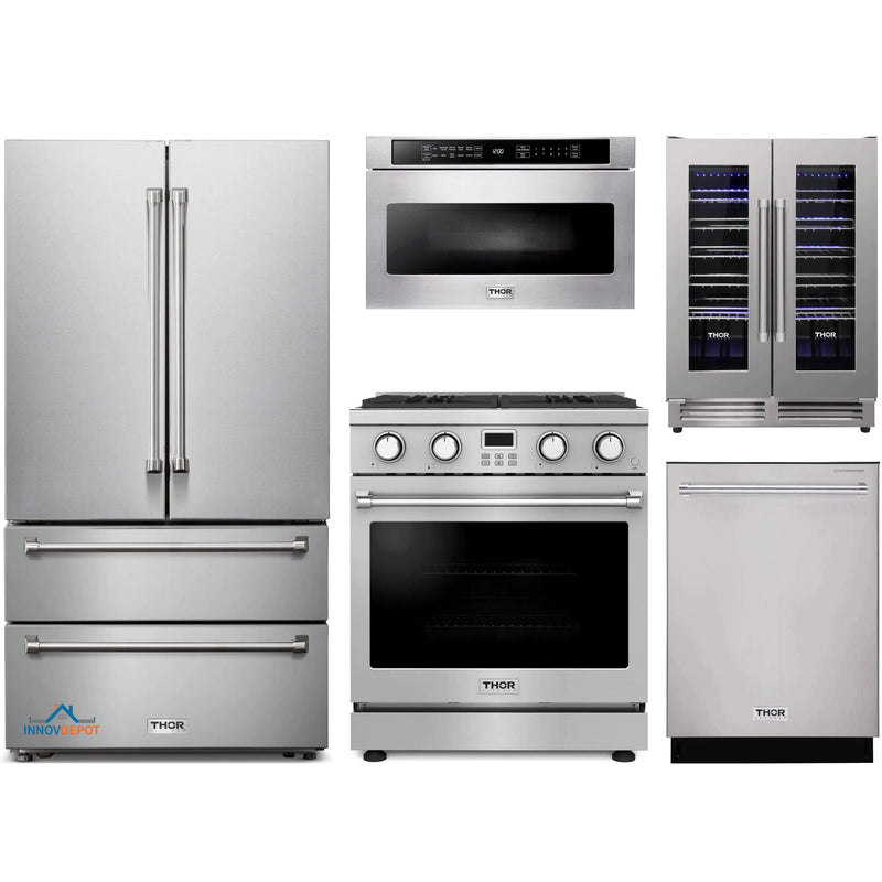 Thor Kitchen 5-Piece Appliance Package - 30-Inch Gas Range, Refrigerator, Dishwasher, Microwave, and Wine Cooler in Stainless Steel