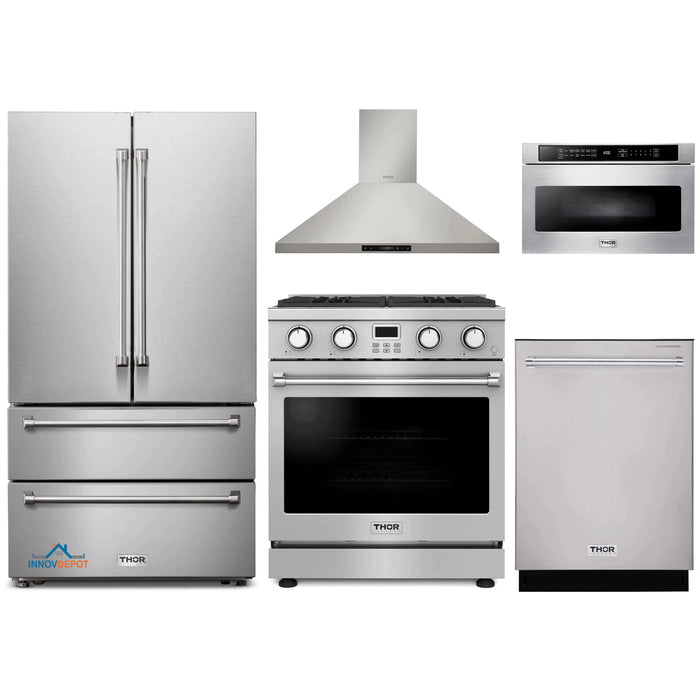 Thor Kitchen 5-Piece Appliance Package - 30-Inch Gas Range, Wall Mount Range Hood, Refrigerator, Dishwasher, and Microwave in Stainless Steel