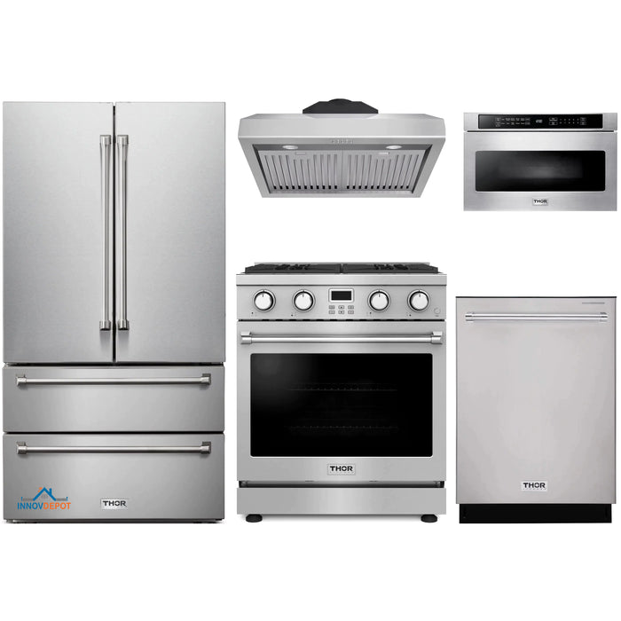 Thor Kitchen 5-Piece Appliance Package - 30-Inch Gas Range, Under Cabinet Range Hood, Refrigerator, Dishwasher, and Microwave in Stainless Steel