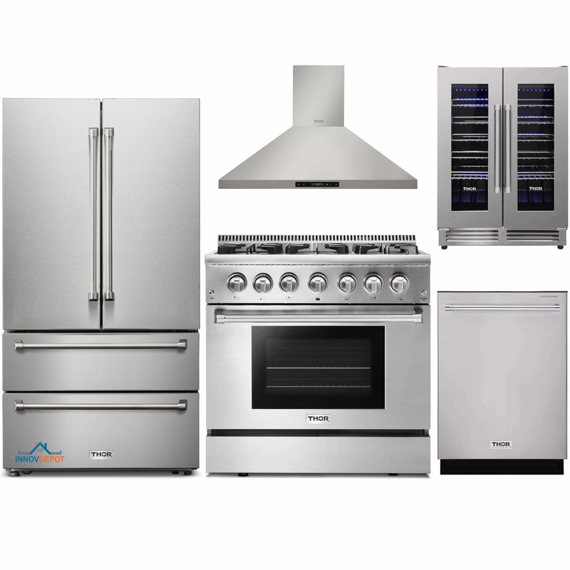 Thor Kitchen 5-Piece Pro Appliance Package - 36-Inch Dual Fuel Range, French Door Refrigerator, Wall Mount Hood, Dishwasher, and Wine Cooler in Stainless Steel