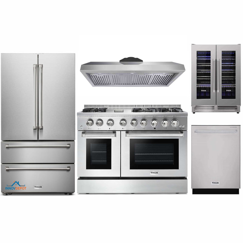 Thor Kitchen 5-Piece Pro Appliance Package - 48-Inch Dual Fuel Range, Under Cabinet 11-Inch Hood, French Door Refrigerator, Dishwasher, and Wine Cooler in Stainless Steel