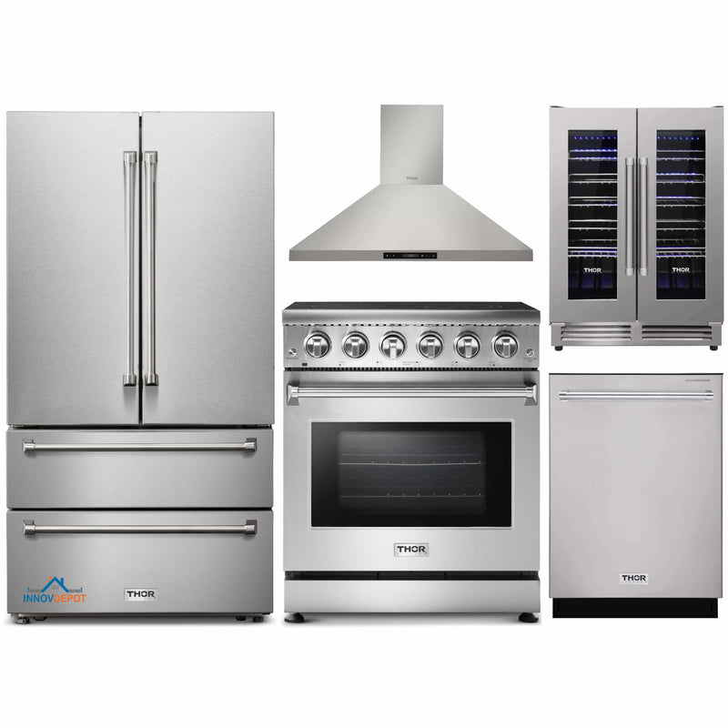 Thor Kitchen 5-Piece Appliance Package - 30-Inch Electric Range, French Door Refrigerator, Wall Mount Hood, Dishwasher, & Wine Cooler in Stainless Steel