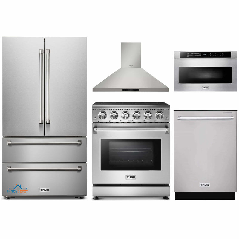 Thor Kitchen 5-Piece Appliance Package - 30-Inch Electric Range, French Door Refrigerator, Wall Mount Hood, Dishwasher, and Microwave Drawer in Stainless Steel