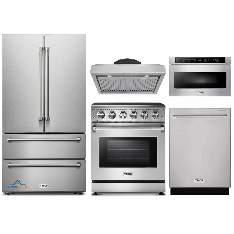Thor Kitchen 5-Piece Appliance Package - 30-Inch Electric Range, French Door Refrigerator, Under Cabinet Hood, Dishwasher, and Microwave Drawer in Stainless Steel