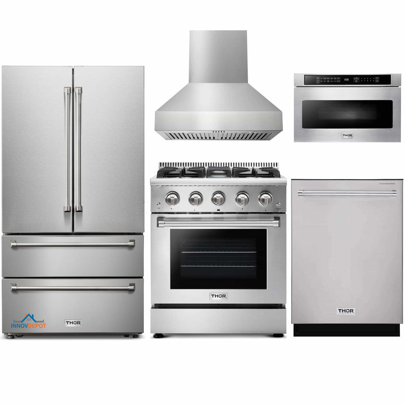 Thor Kitchen 5-Piece Pro Appliance Package - 30-Inch Gas Range, French Door Refrigerator, Pro-Style Wall Mount Hood, Dishwasher, and Microwave Drawer in Stainless Steel