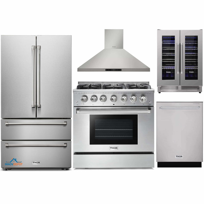Thor Kitchen 5-Piece Pro Appliance Package - 36-Inch Gas Range, French Door Refrigerator, Wall Mount Hood, Dishwasher, and Wine Cooler in Stainless Steel