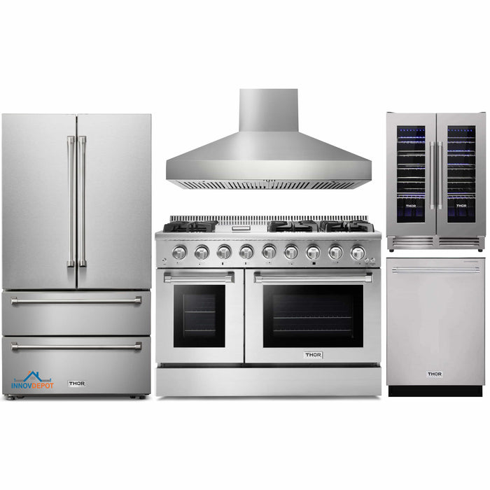 Thor Kitchen 5-Piece Pro Appliance Package - 48-Inch Gas Range, Pro Wall Mount Hood, French Door Refrigerator, Dishwasher, and Wine Cooler in Stainless Steel