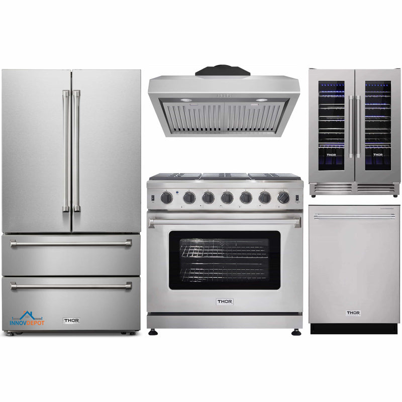 Thor Kitchen 5-Piece Appliance Package - 36-Inch Gas Range, French Door Refrigerator, Under Cabinet Hood, Dishwasher, and Wine Cooler in Stainless Steel