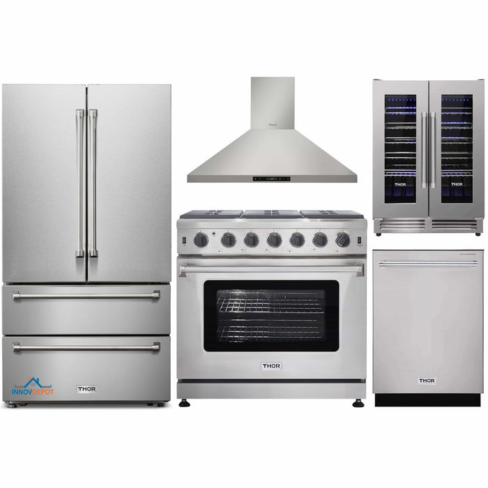 Thor Kitchen 5-Piece Appliance Package - 36-Inch Gas Range, French Door Refrigerator, Wall Mount Hood, Dishwasher, and Wine Cooler in Stainless Steel