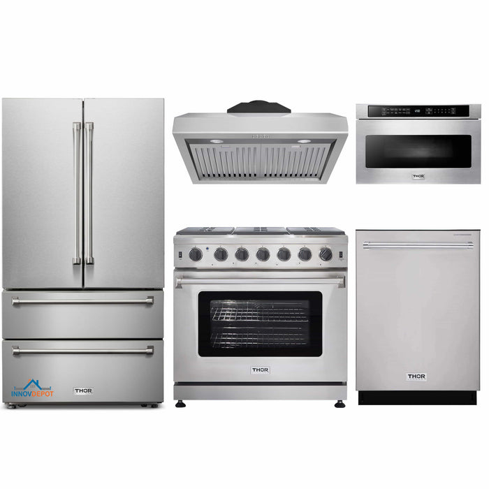 Thor Kitchen 5-Piece Appliance Package - 36-Inch Gas Range, French Door Refrigerator, Under Cabinet Hood, Dishwasher, and Microwave Drawer in Stainless Steel