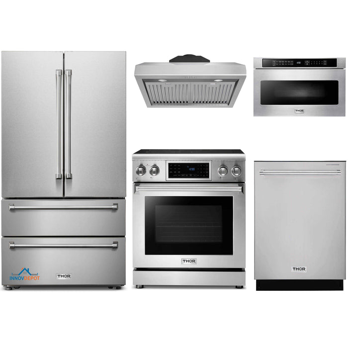 Thor Kitchen 5-Piece Appliance Package - 30-Inch Electric Range with Tilt Panel, French Door Refrigerator, Under Cabinet Hood, Dishwasher, and Microwave Drawer in Stainless Steel