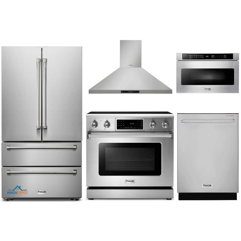 Thor Kitchen 5-Piece Appliance Package - 36-Inch Electric Range with Tilt Panel, French Door Refrigerator, Wall Mount Hood, Dishwasher, and Microwave Drawer in Stainless Steel