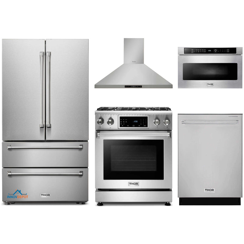 Thor Kitchen 5-Piece Appliance Package - 30-Inch Gas Range with Tilt Panel, French Door Refrigerator, Wall Mount Hood, Dishwasher, and Microwave Drawer in Stainless Steel