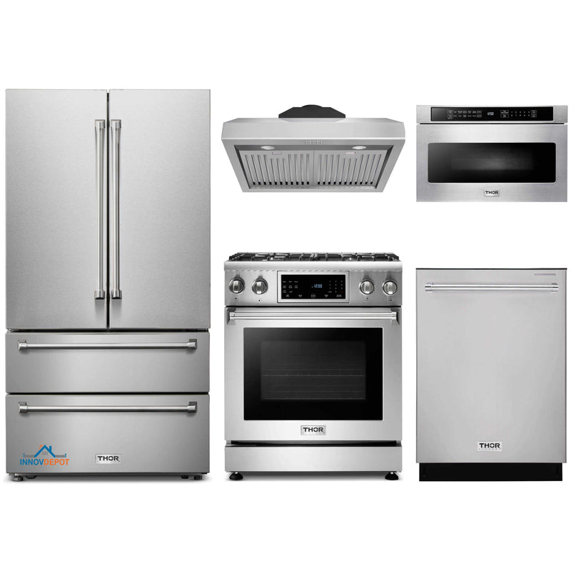 Thor Kitchen 5-Piece Appliance Package - 30-Inch Gas Range with Tilt Panel, French Door Refrigerator, Under Cabinet Hood, Dishwasher, and Microwave Drawer in Stainless Steel