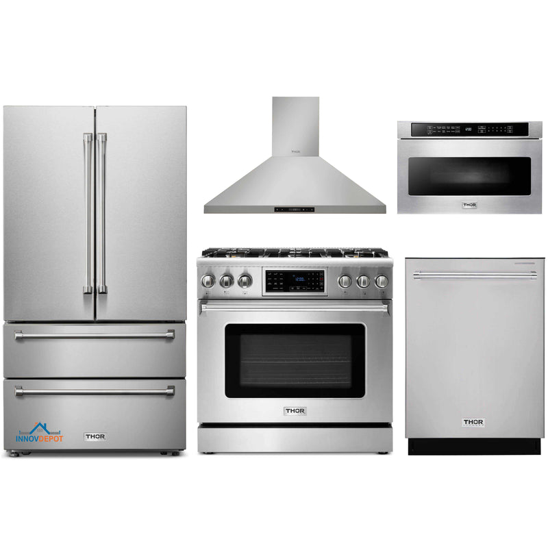 Thor Kitchen 5-Piece Appliance Package - 36-Inch Gas Range with Tilt Panel, French Door Refrigerator, Wall Mount Hood, Dishwasher, and Microwave Drawer in Stainless Steel