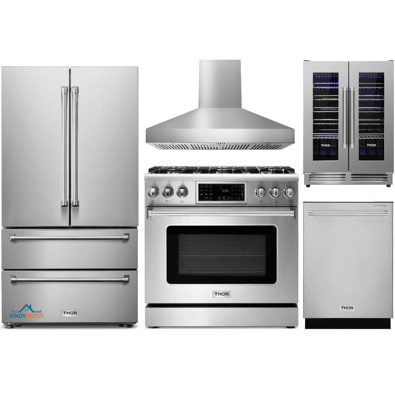 Thor Kitchen 5-Piece Appliance Package - 36-Inch Gas Range with Tilt Panel, French Door Refrigerator, Pro-Style Wall Mount Hood, Dishwasher, and Wine Cooler in Stainless Steel