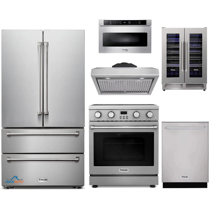 Thor Kitchen 6-Piece Appliance Package - 30-Inch Electric Range, Under Cabinet Range Hood, Refrigerator, Dishwasher, Microwave, and Wine Cooler in Stainless Steel