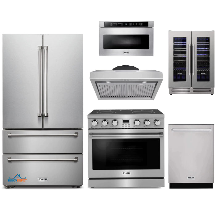 Thor Kitchen 6-Piece Appliance Package - 36-Inch Electric Range, Under Cabinet Range Hood, Refrigerator, Dishwasher, Microwave, and Wine Cooler in Stainless Steel