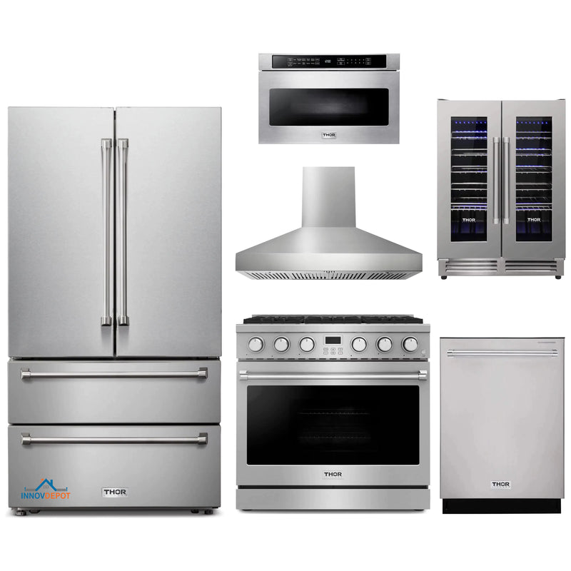 Thor Kitchen 6-Piece Appliance Package - 36-Inch Gas Range, Pro-Style Wall Mount Range Hood, Refrigerator, Dishwasher, Microwave, and Wine Cooler in Stainless Steel