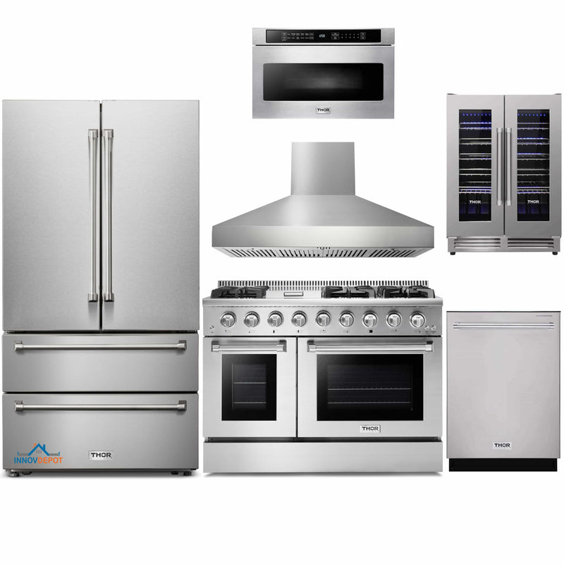 Thor Kitchen 6-Piece Pro Appliance Package - 48-Inch Gas Range, French Door Refrigerator, Dishwasher, Pro Wall Mount Hood, Microwave Drawer, & Wine Cooler in Stainless Steel