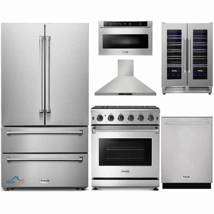 Thor Kitchen 6-Piece Appliance Package - 30-Inch Gas Range, French Door Refrigerator, Wall Mount Hood, Dishwasher, Microwave Drawer, and Wine Cooler in Stainless Steel