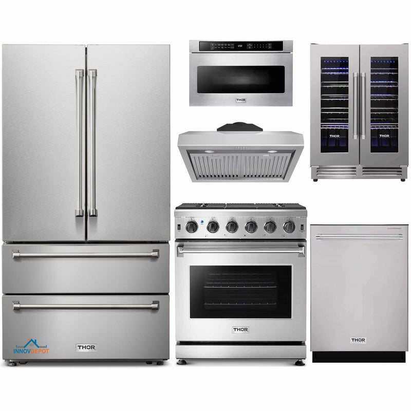 Thor Kitchen 6-Piece Appliance Package - 30-Inch Gas Range, French Door Refrigerator, Under Cabinet Hood, Dishwasher, Microwave Drawer, and Wine Cooler in Stainless Steel