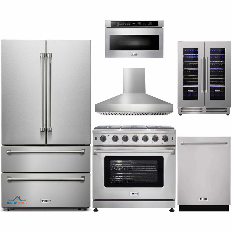 Thor Kitchen 6-Piece Appliance Package - 36-Inch Gas Range, French Door Refrigerator, Pro-Style Wall Mount Hood, Dishwasher, Microwave Drawer, & Wine Cooler in Stainless Steel