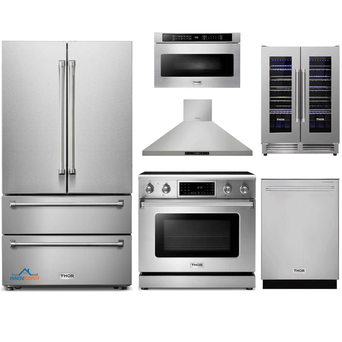 Thor Kitchen 6-Piece Appliance Package - 36-Inch Electric Range with Tilt Panel, French Door Refrigerator, Wall Mount Hood, Dishwasher, Microwave Drawer, & Wine Cooler in Stainless Steel