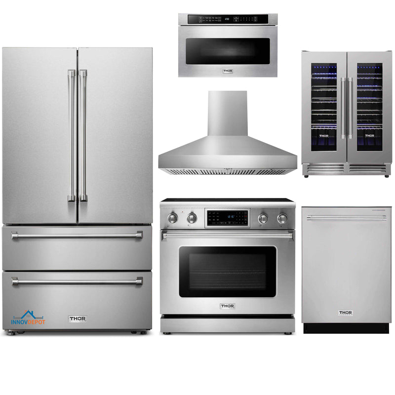 Thor Kitchen 6-Piece Appliance Package - 36-Inch Electric Range with Tilt Panel, French Door Refrigerator, Pro-Style Wall Mount Hood, Dishwasher, Microwave Drawer, & Wine Cooler in Stainless Steel