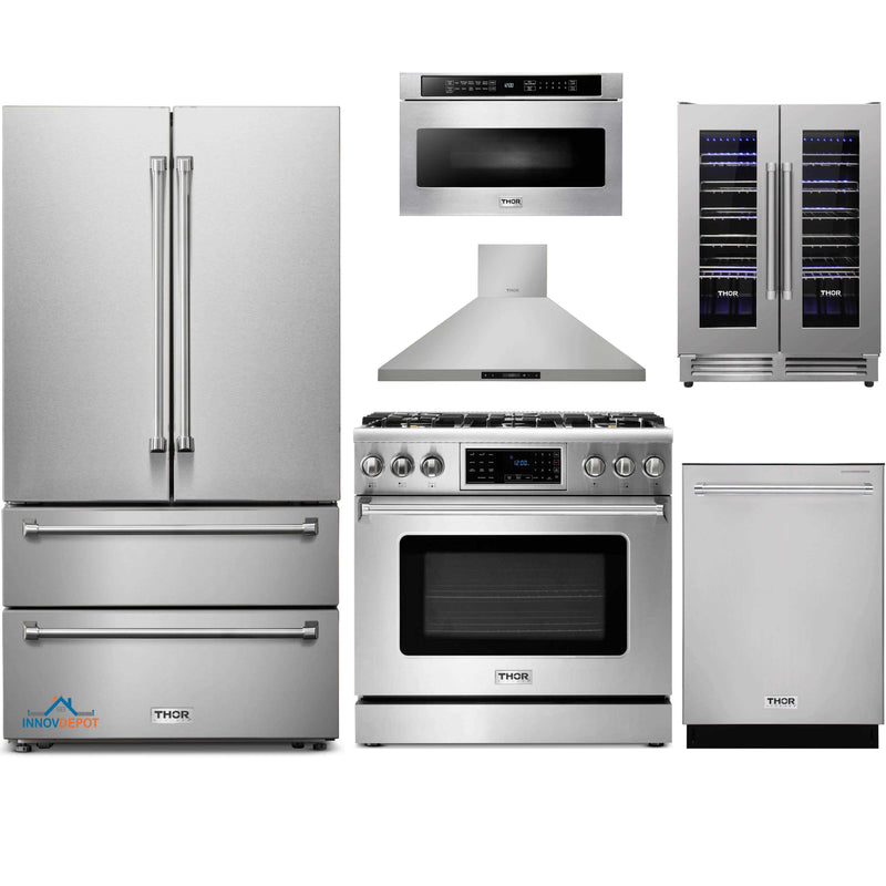 Thor Kitchen 6-Piece Appliance Package - 36-Inch Gas Range with Tilt Panel, French Door Refrigerator, Wall Mount Hood, Dishwasher, Microwave Drawer, & Wine Cooler in Stainless Steel