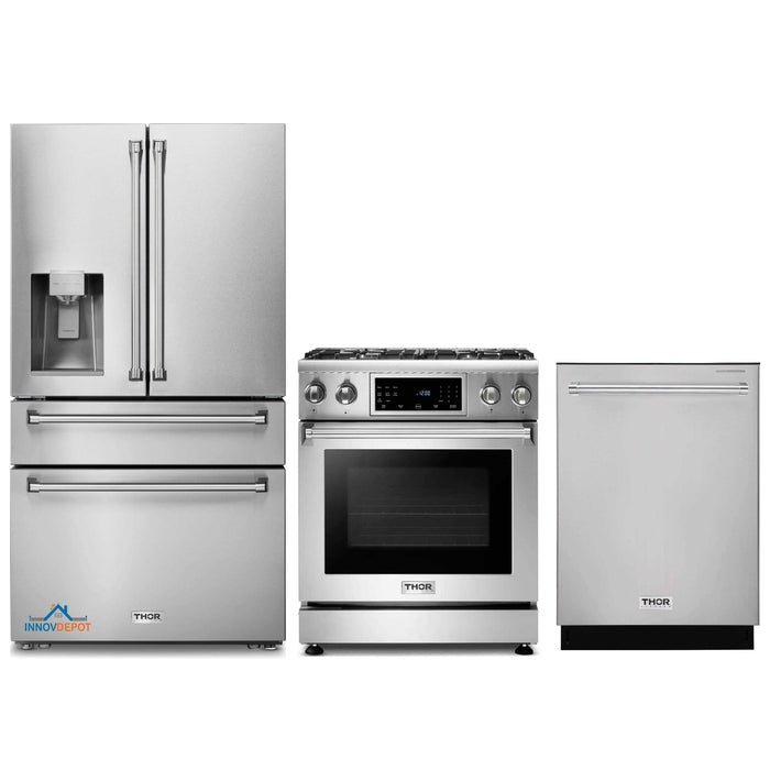 Thor Kitchen 3-Piece Appliance Package - 30-Inch Gas Range with Tilt Panel, Dishwasher & Refrigerator with Water Dispenser in Stainless Steel