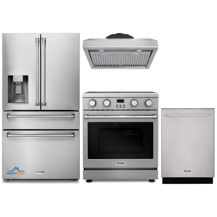 Thor Kitchen 4-Piece Appliance Package - 30-Inch Electric Range, Under Cabinet Range Hood, Refrigerator with Water Dispenser, and Dishwasher in Stainless Steel