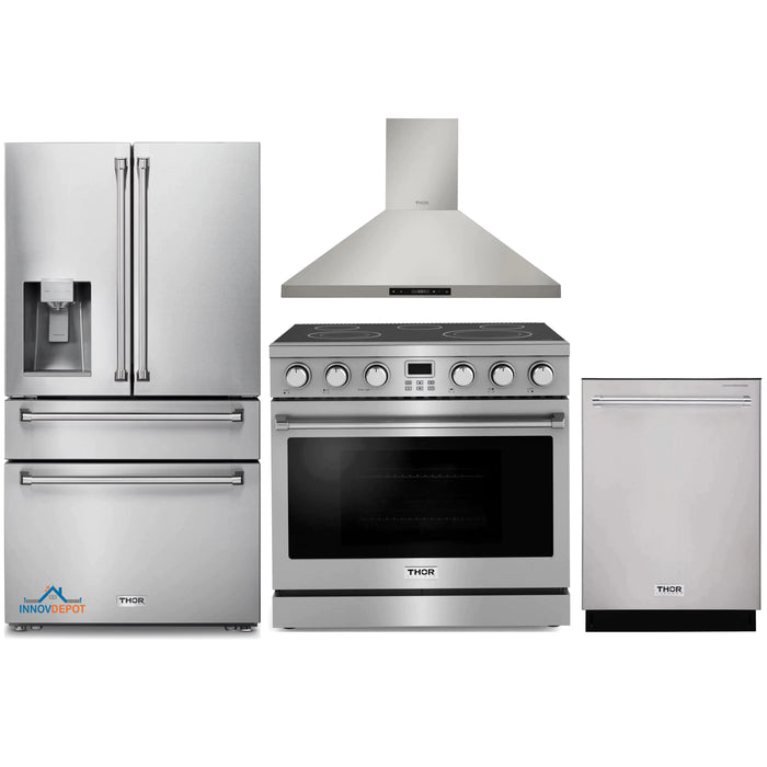 Thor Kitchen 4-Piece Appliance Package - 36-Inch Electric Range, Wall Mount Range Hood, Refrigerator with Water Dispenser, and Dishwasher in Stainless Steel