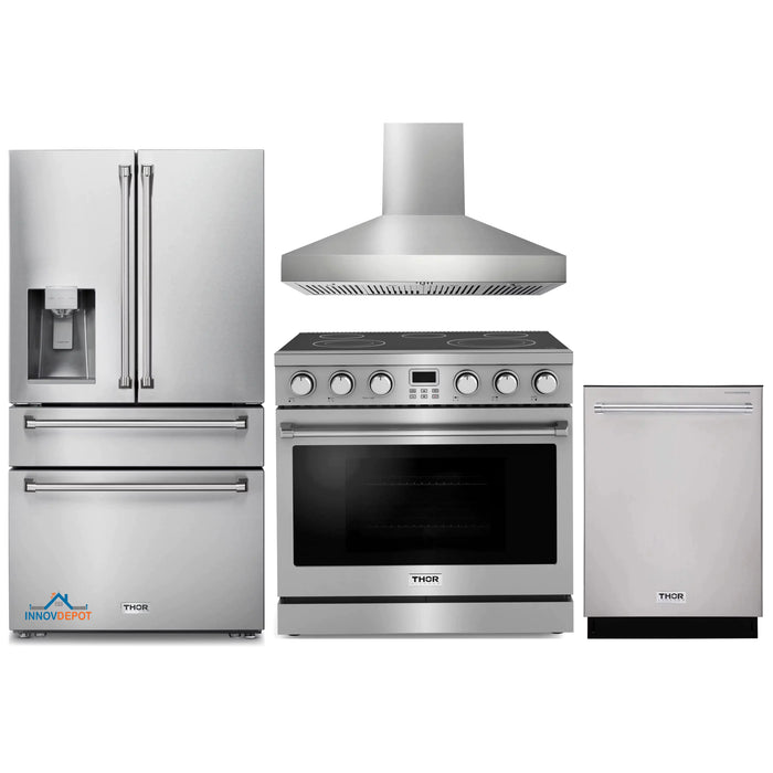 Thor Kitchen 4-Piece Appliance Package - 36-Inch Electric Range, Pro-Style Wall Mount Range Hood, Refrigerator with Water Dispenser, and Dishwasher in Stainless Steel