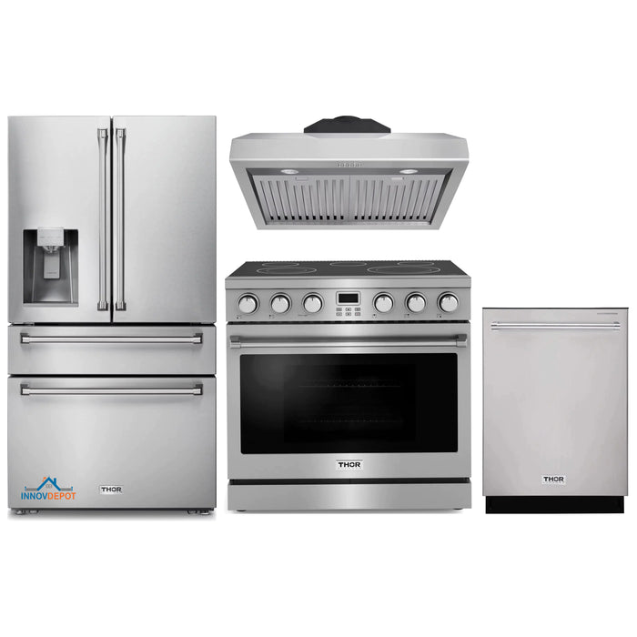 Thor Kitchen 4-Piece Appliance Package - 36-Inch Electric Range, Under Cabinet Range Hood, Refrigerator with Water Dispenser, and Dishwasher in Stainless Steel