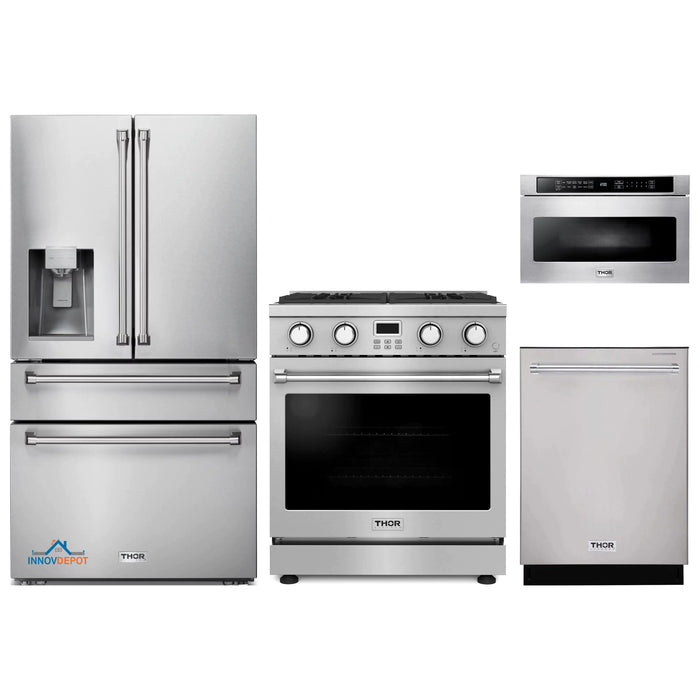 Thor Kitchen 4-Piece Appliance Package - 30-Inch Gas Range, Refrigerator with Water Dispenser, Dishwasher, and Microwave in Stainless Steel