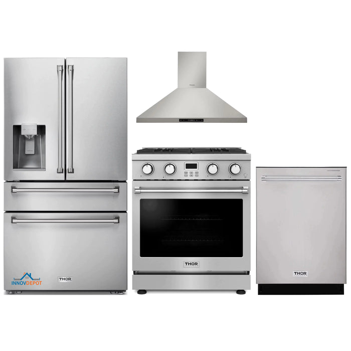 Thor Kitchen 4-Piece Appliance Package - 30-Inch Gas Range, Wall Mounted Range Hood, Refrigerator with Water Dispenser, and Dishwasher in Stainless Steel